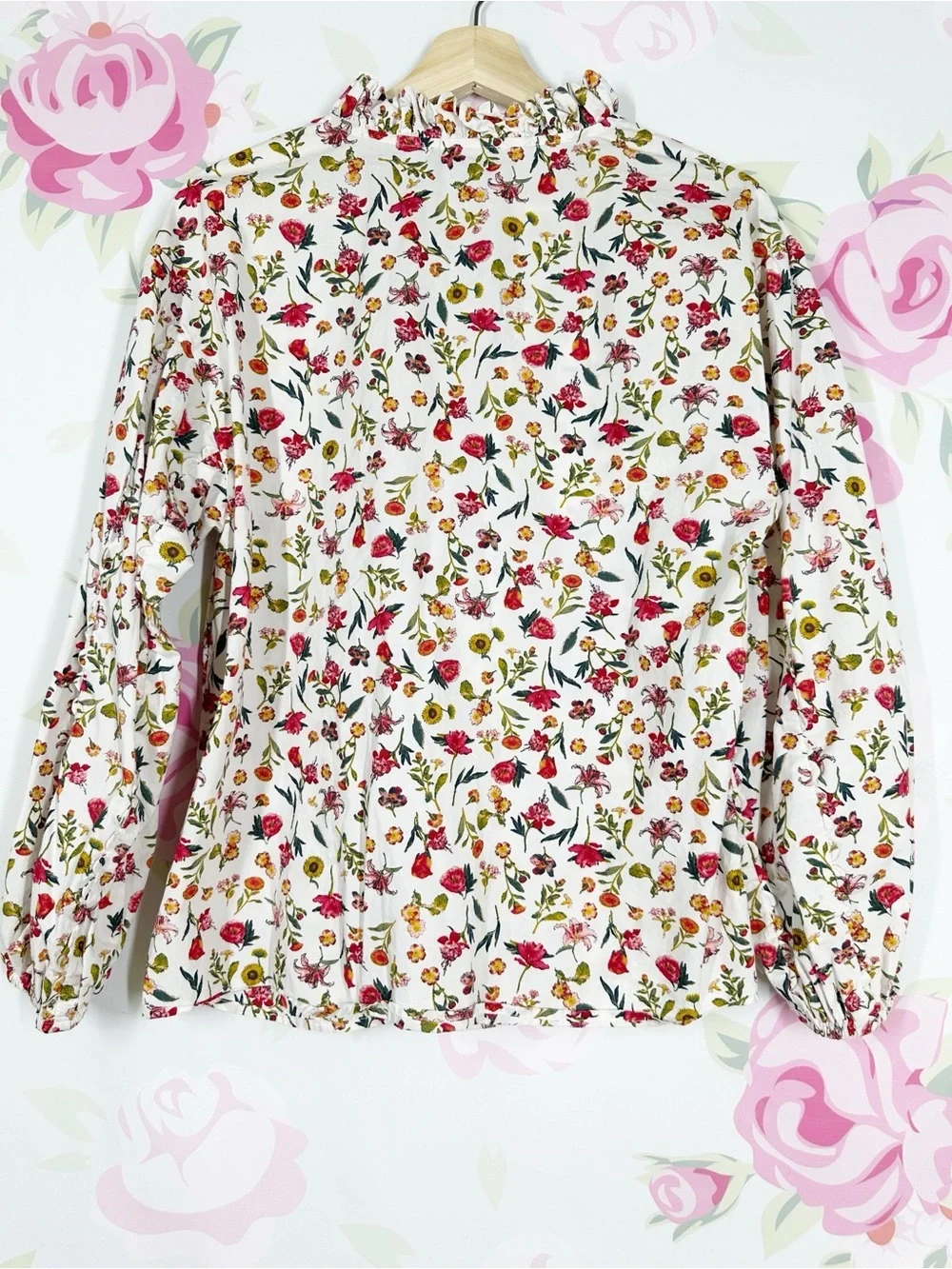 J. Crew Cream Floral Tie-Neck Blouse with Pink Yellow Blooms Top M